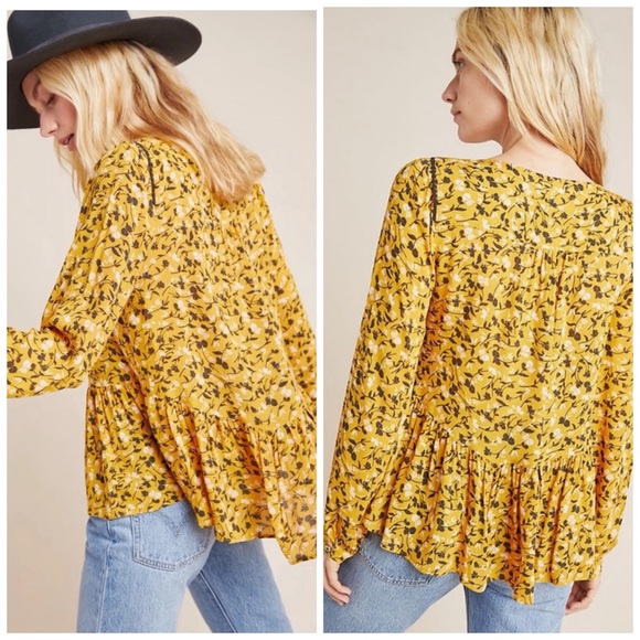 🏷️ SOLD • ANTHROPOLOGIE • Maeve Cheyenne Peplum Blouse in Yellow Motif • Medium - Picture 2 of 10